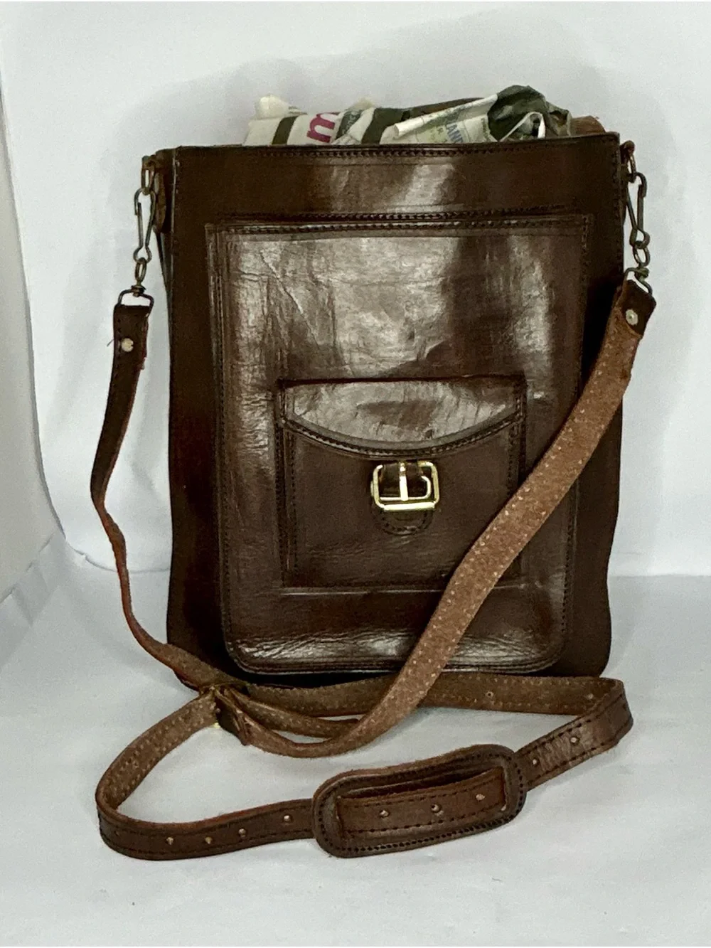 Vintage Handmade Leather Messenger Crossbody Satchel Bag Made in Mexico